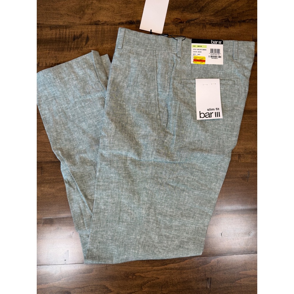 Bar III Mens Slim Fit Linen Cotton Dress Pants Green 30W 30L NEW